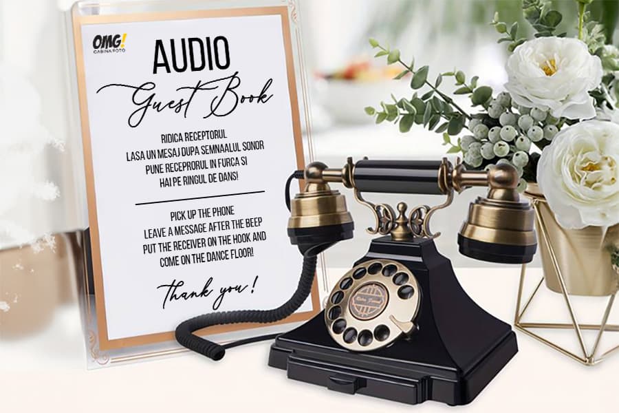 Audio Guest Book pentru evenimente OMG Events, telefon vintage pentru mesaje audio de la invitati, ideal pentru nunti, botezuri, petreceri private si evenimente corporate cu amintiri vocale autentice