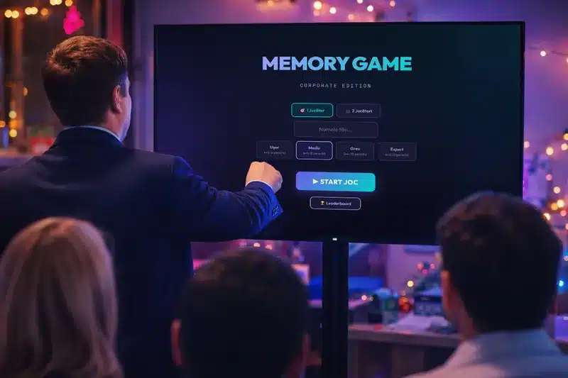 Joc interactiv Memory Game pentru evenimente corporate OMG Events, activitate pe ecran digital mare ideala pentru team building, activari de brand, petreceri de companie si experiente interactive pentru invitati