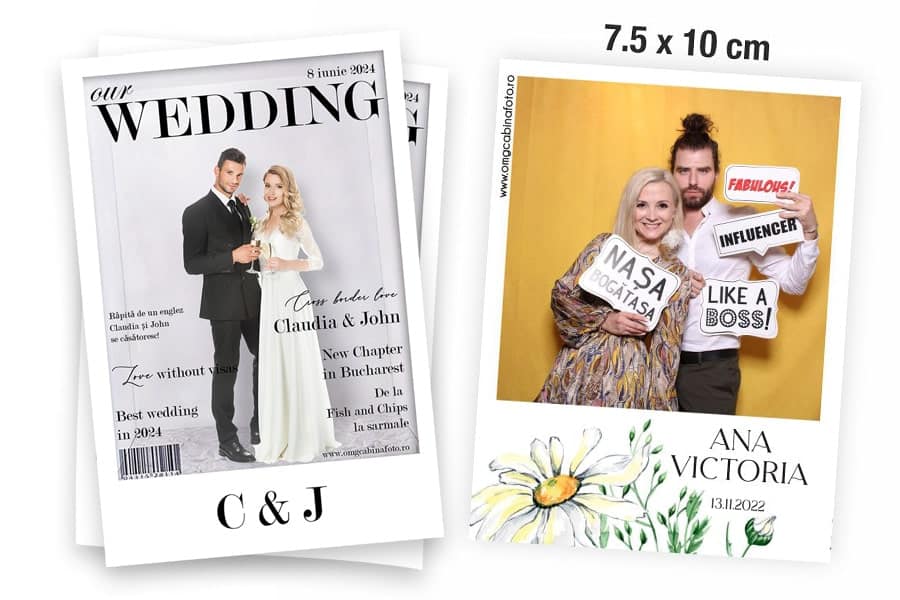 Printuri foto personalizate pentru evenimente OMG Events, in format polaroid 7.5 x 10 cm si coperta de revista wedding, ideale pentru nunti, botezuri, petreceri private, evenimente corporate si activari de brand